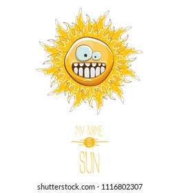 vector funky cartoon summer smiling sun character isolated on white background. My name is sun concept illustration. funky kids summer character with eyes and mouth