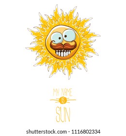 vector funky cartoon summer smiling sun character isolated on white background. My name is sun concept illustration. funky kids summer character with eyes and mouth