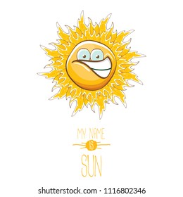 vector funky cartoon summer smiling sun character isolated on white background. My name is sun concept illustration. funky kids summer character with eyes and mouth