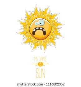 vector funky cartoon summer smiling sun character isolated on white background. My name is sun concept illustration. funky kids summer character with eyes and mouth