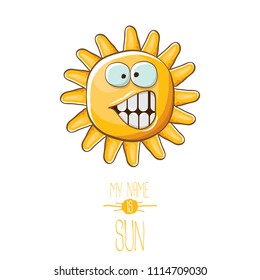 vector funky cartoon summer sun character isolated on white background. My name is sun concept illustration. funky kids summer character with eyes and mouth