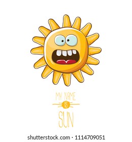 vector funky cartoon summer sun character isolated on white background. My name is sun concept illustration. funky kids summer character with eyes and mouth