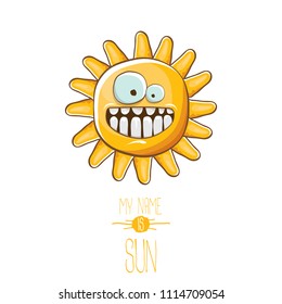 vector funky cartoon summer sun character isolated on white background. My name is sun concept illustration. funky kids summer character with eyes and mouth