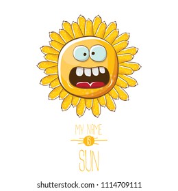 vector funky cartoon summer sun character isolated on white background. My name is sun concept illustration. funky kids summer character with eyes and mouth