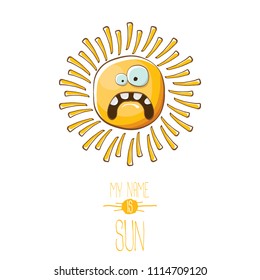 vector funky cartoon summer sun character isolated on white background. My name is sun concept illustration. funky kids summer character with eyes and mouth
