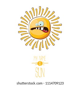 vector funky cartoon summer sun character isolated on white background. My name is sun concept illustration. funky kids summer character with eyes and mouth