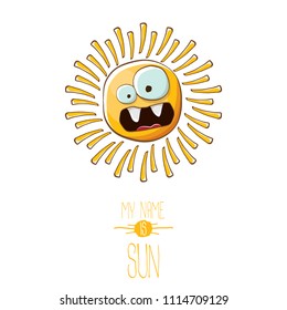 vector funky cartoon summer sun character isolated on white background. My name is sun concept illustration. funky kids summer character with eyes and mouth