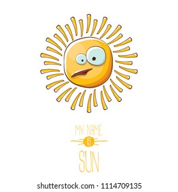 vector funky cartoon summer sun character isolated on white background. My name is sun concept illustration. funky kids summer character with eyes and mouth