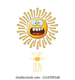 vector funky cartoon summer sun character isolated on white background. My name is sun concept illustration. funky kids summer character with eyes and mouth