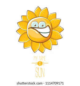 vector funky cartoon summer sun character isolated on white background. My name is sun concept illustration. funky kids summer character with eyes and mouth
