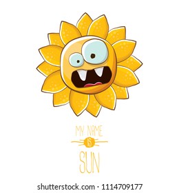 vector funky cartoon summer sun character isolated on white background. My name is sun concept illustration. funky kids summer character with eyes and mouth