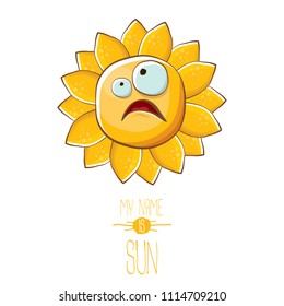vector funky cartoon summer sun character isolated on white background. My name is sun concept illustration. funky kids summer character with eyes and mouth
