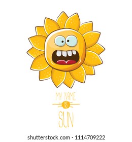 vector funky cartoon summer sun character isolated on white background. My name is sun concept illustration. funky kids summer character with eyes and mouth