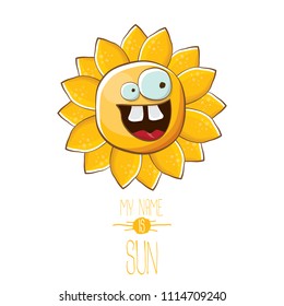 vector funky cartoon summer sun character isolated on white background. My name is sun concept illustration. funky kids summer character with eyes and mouth