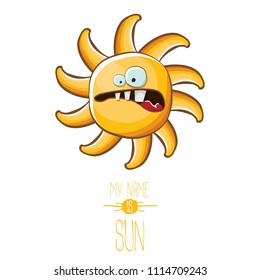 vector funky cartoon summer sun character isolated on white background. My name is sun concept illustration. funky kids summer character with eyes and mouth
