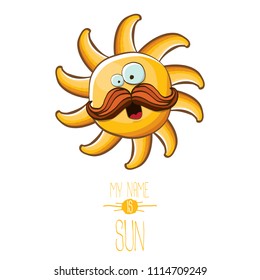 vector funky cartoon summer sun character isolated on white background. My name is sun concept illustration. funky kids summer character with eyes and mouth