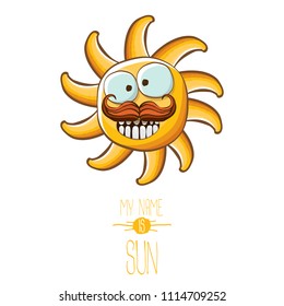 vector funky cartoon summer sun character isolated on white background. My name is sun concept illustration. funky kids summer character with eyes and mouth