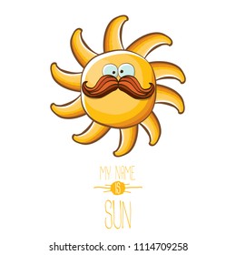 vector funky cartoon summer sun character isolated on white background. My name is sun concept illustration. funky kids summer character with eyes and mouth