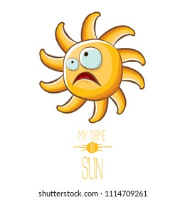 vector funky cartoon summer sun character isolated on white background. My name is sun concept illustration. funky kids summer character with eyes and mouth