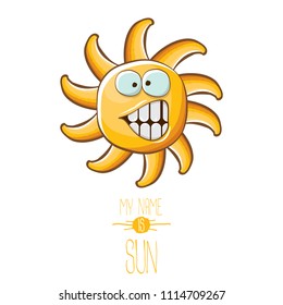 vector funky cartoon summer sun character isolated on white background. My name is sun concept illustration. funky kids summer character with eyes and mouth