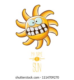 vector funky cartoon summer sun character isolated on white background. My name is sun concept illustration. funky kids summer character with eyes and mouth