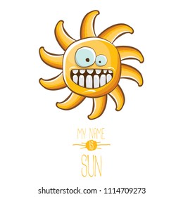 vector funky cartoon summer sun character isolated on white background. My name is sun concept illustration. funky kids summer character with eyes and mouth