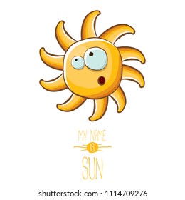 vector funky cartoon summer sun character isolated on white background. My name is sun concept illustration. funky kids summer character with eyes and mouth