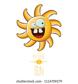 vector funky cartoon summer sun character isolated on white background. My name is sun concept illustration. funky kids summer character with eyes and mouth
