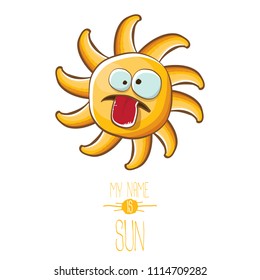 vector funky cartoon summer sun character isolated on white background. My name is sun concept illustration. funky kids summer character with eyes and mouth
