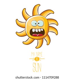 vector funky cartoon summer sun character isolated on white background. My name is sun concept illustration. funky kids summer character with eyes and mouth