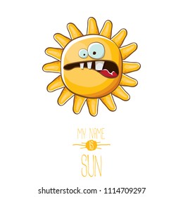 vector funky cartoon summer sun character isolated on white background. My name is sun concept illustration. funky kids summer character with eyes and mouth
