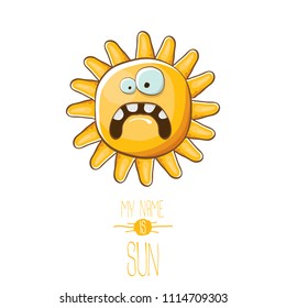 vector funky cartoon summer sun character isolated on white background. My name is sun concept illustration. funky kids summer character with eyes and mouth