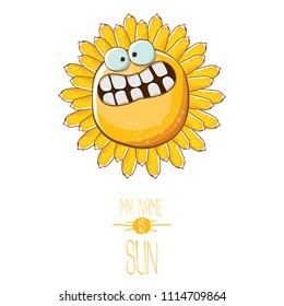 vector funky cartoon summer sun character isolated on white background. My name is sun concept illustration. funky kids summer character with eyes and mouth
