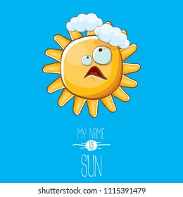 vector funky cartoon summer sun character with white clouds in blue sky  background. My name is sun concept illustration. funky kids summer character with eyes and mouth