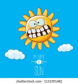 vector funky cartoon summer sun character with white clouds in blue sky  background. My name is sun concept illustration. funky kids summer character with eyes and mouth
