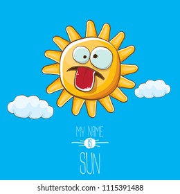 vector funky cartoon summer sun character with white clouds in blue sky  background. My name is sun concept illustration. funky kids summer character with eyes and mouth