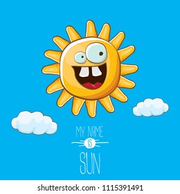 vector funky cartoon summer sun character with white clouds in blue sky  background. My name is sun concept illustration. funky kids summer character with eyes and mouth