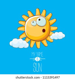 vector funky cartoon summer sun character with white clouds in blue sky  background. My name is sun concept illustration. funky kids summer character with eyes and mouth