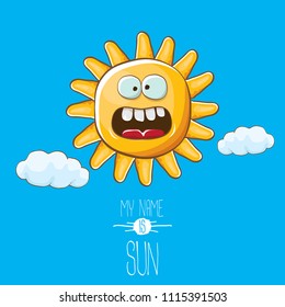 vector funky cartoon summer sun character with white clouds in blue sky  background. My name is sun concept illustration. funky kids summer character with eyes and mouth