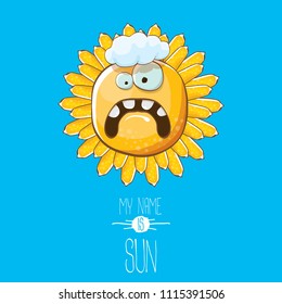 vector funky cartoon summer sun character with white clouds in blue sky  background. My name is sun concept illustration. funky kids summer character with eyes and mouth