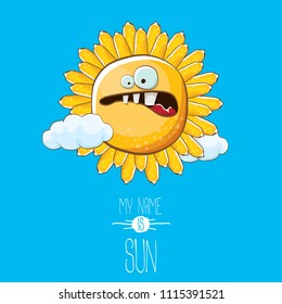 vector funky cartoon summer sun character with white clouds in blue sky  background. My name is sun concept illustration. funky kids summer character with eyes and mouth
