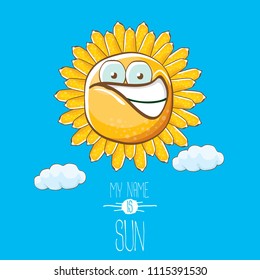 vector funky cartoon summer sun character with white clouds in blue sky  background. My name is sun concept illustration. funky kids summer character with eyes and mouth