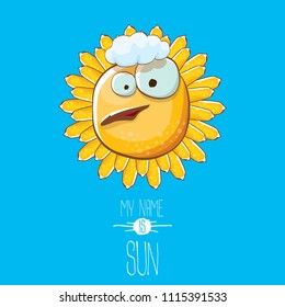 vector funky cartoon summer sun character with white clouds in blue sky  background. My name is sun concept illustration. funky kids summer character with eyes and mouth