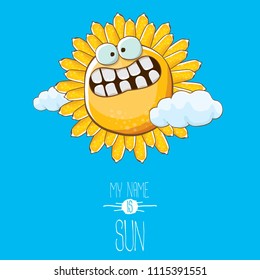 vector funky cartoon summer sun character with white clouds in blue sky  background. My name is sun concept illustration. funky kids summer character with eyes and mouth