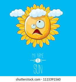 vector funky cartoon summer sun character with white clouds in blue sky  background. My name is sun concept illustration. funky kids summer character with eyes and mouth