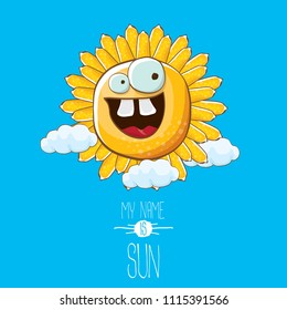 vector funky cartoon summer sun character with white clouds in blue sky  background. My name is sun concept illustration. funky kids summer character with eyes and mouth
