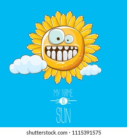 vector funky cartoon summer sun character with white clouds in blue sky  background. My name is sun concept illustration. funky kids summer character with eyes and mouth