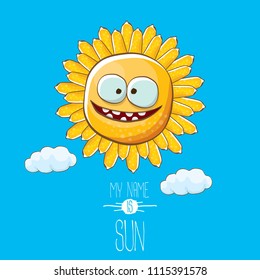 vector funky cartoon summer sun character with white clouds in blue sky  background. My name is sun concept illustration. funky kids summer character with eyes and mouth