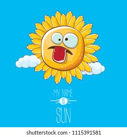 vector funky cartoon summer sun character with white clouds in blue sky  background. My name is sun concept illustration. funky kids summer character with eyes and mouth