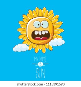 vector funky cartoon summer sun character with white clouds in blue sky  background. My name is sun concept illustration. funky kids summer character with eyes and mouth